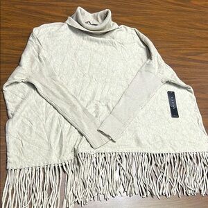 Cyrus Knits Ultra Soft Turtleneck Sweater with Fringe, Kitten Heather, Small